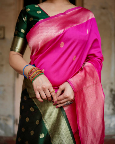 Pure Silk Saree Weaved With Zari Comes With Heavy Banarasi Brocade Blouse - Almaari Fashion