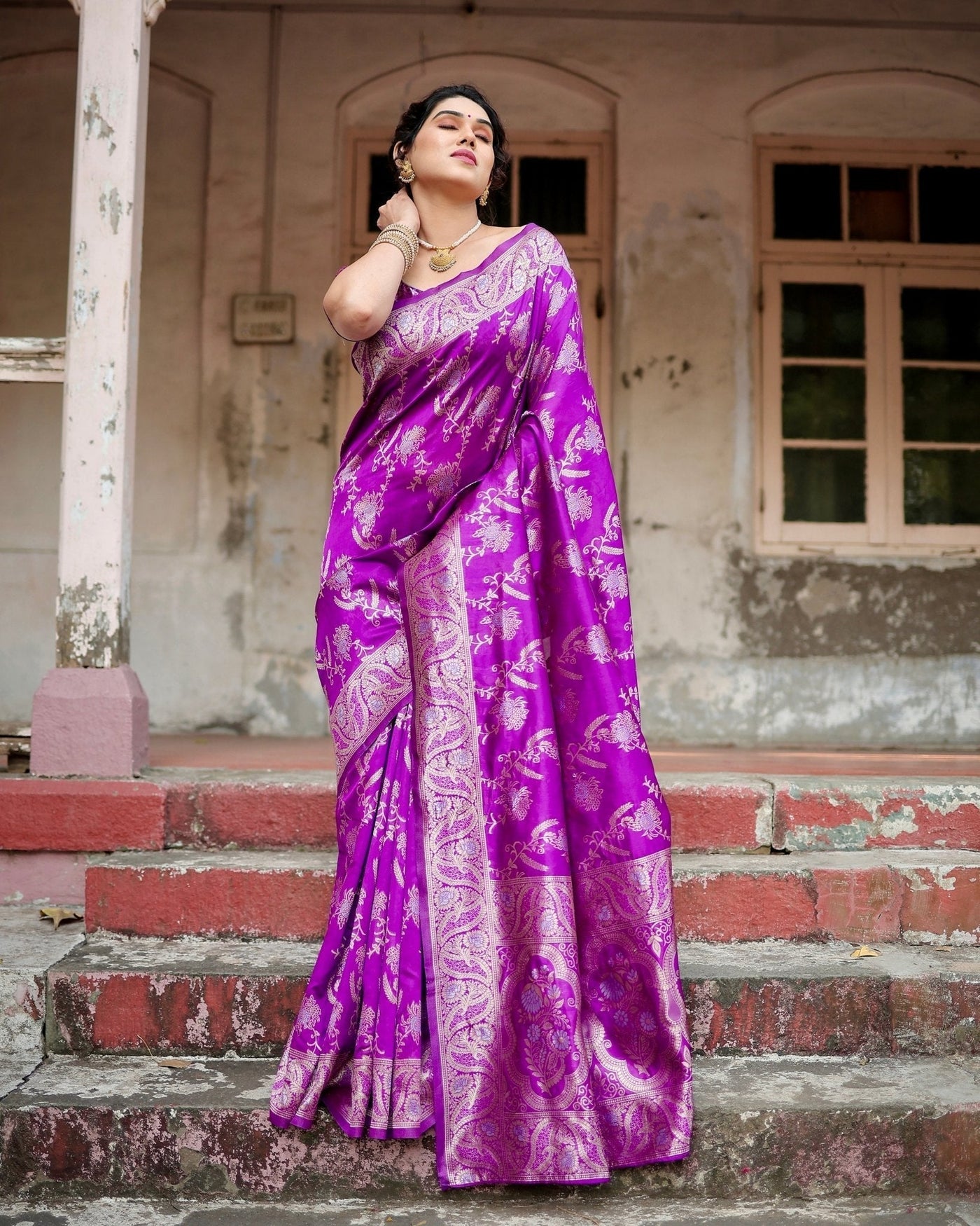 Pure Silk Saree Weaved With Zari Comes With Heavy Banarasi Brocade Blouse - Almaari Fashion