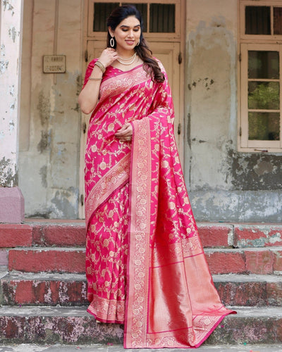 Pure Silk Saree Weaved With Zari Comes With Heavy Banarasi Brocade Blouse - Almaari Fashion