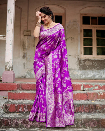 Pure Silk Saree Weaved With Zari Comes With Heavy Banarasi Brocade Blouse - Almaari Fashion