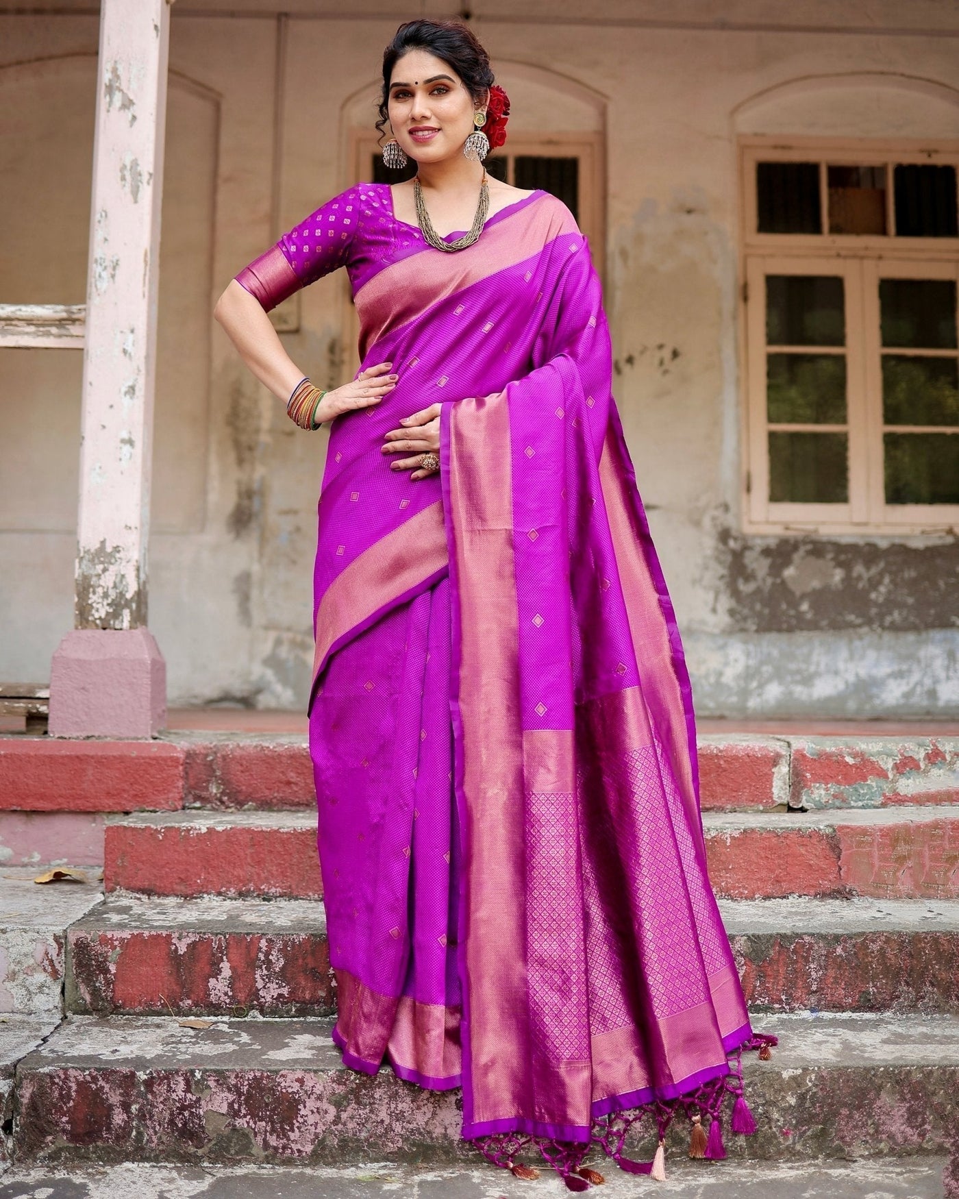 Pure Silk Saree Weaved With Zari Comes With Heavy Banarasi Brocade Blouse - Almaari Fashion