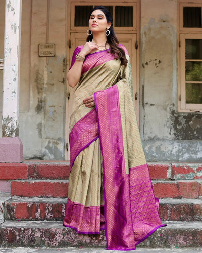 Pure Silk Saree Weaved With Zari Comes With Heavy Banarasi Brocade Blouse - Almaari Fashion