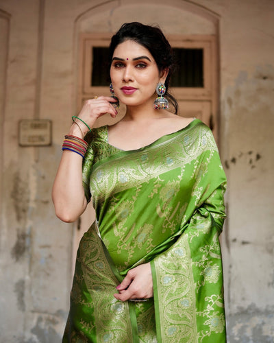 Pure Silk Saree Weaved With Zari Comes With Heavy Banarasi Brocade Blouse - Almaari Fashion