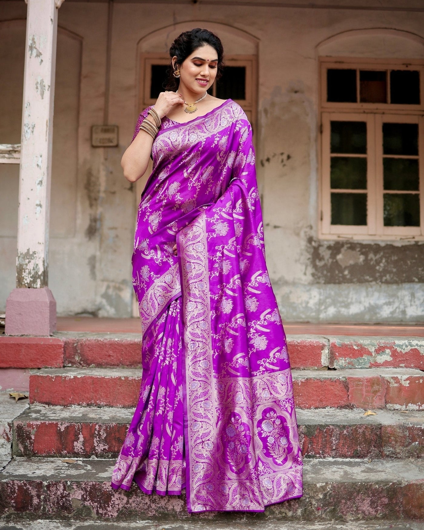 Pure Silk Saree Weaved With Zari Comes With Heavy Banarasi Brocade Blouse - Almaari Fashion