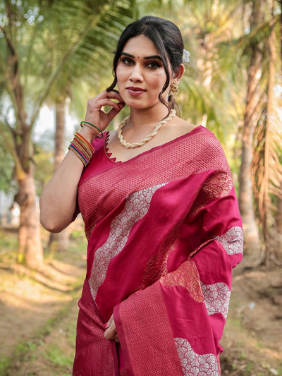 Pure Silk Saree Weaved With Zari Comes With Heavy Banarasi Brocade Blouse - Almaari Fashion