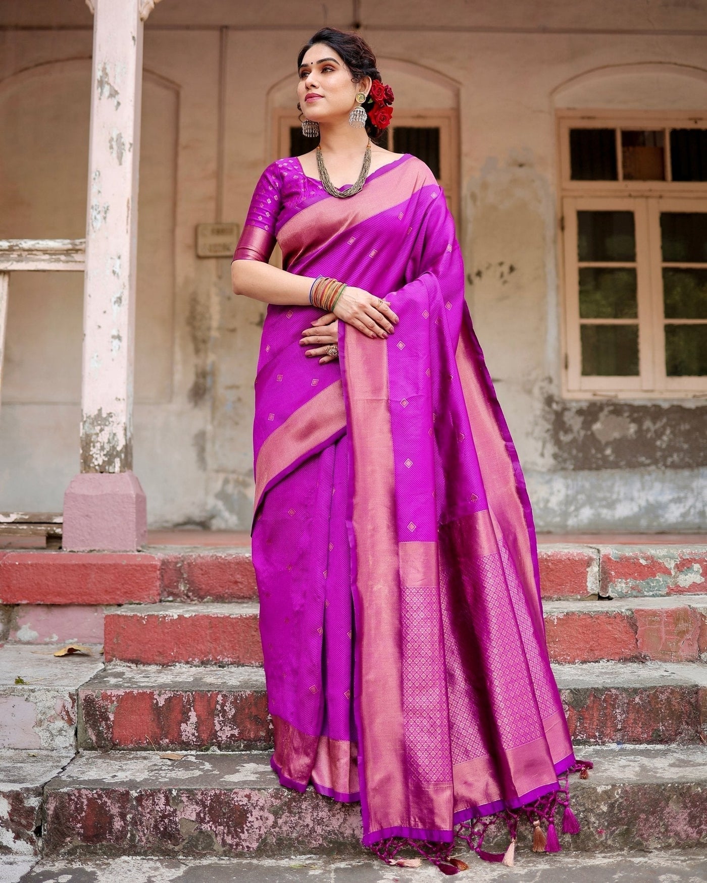 Pure Silk Saree Weaved With Zari Comes With Heavy Banarasi Brocade Blouse - Almaari Fashion