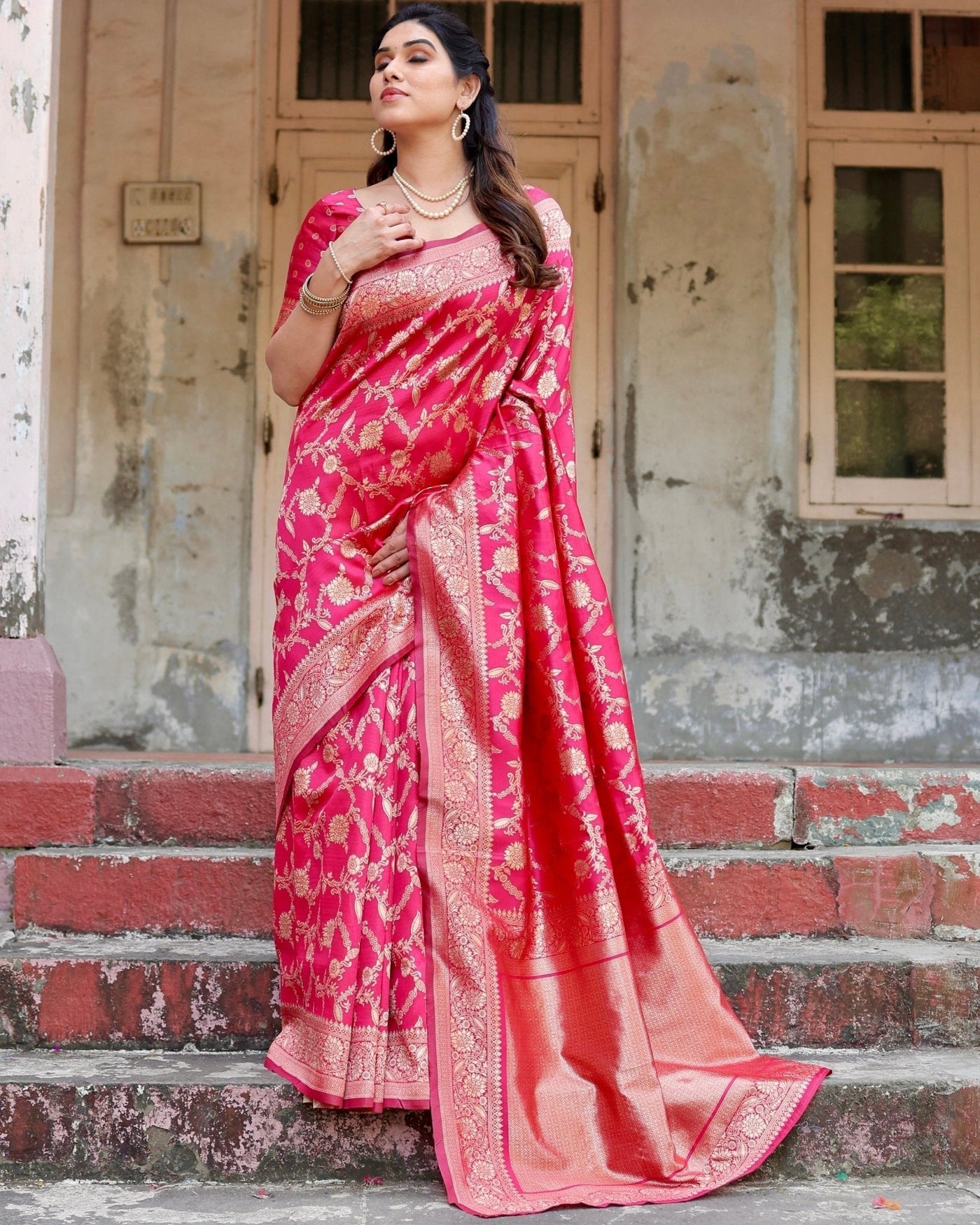 Pure Silk Saree Weaved With Zari Comes With Heavy Banarasi Brocade Blouse - Almaari Fashion