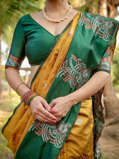 Pure Silk Saree Weaved With Zari Comes With Heavy Banarasi Brocade Blouse - Almaari Fashion