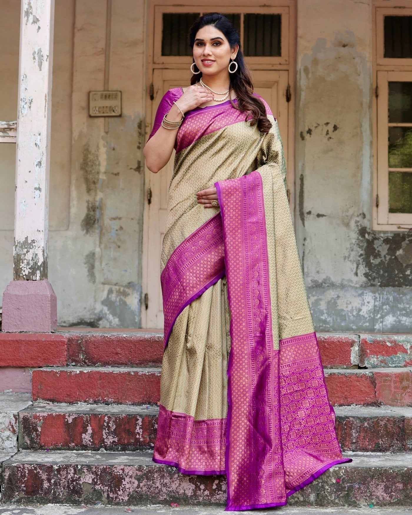 Pure Silk Saree Weaved With Zari Comes With Heavy Banarasi Brocade Blouse - Almaari Fashion