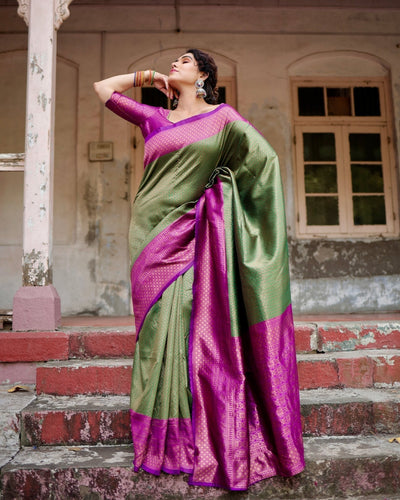 Pure Silk Saree Weaved With Zari Comes With Heavy Banarasi Brocade Blouse - Almaari Fashion