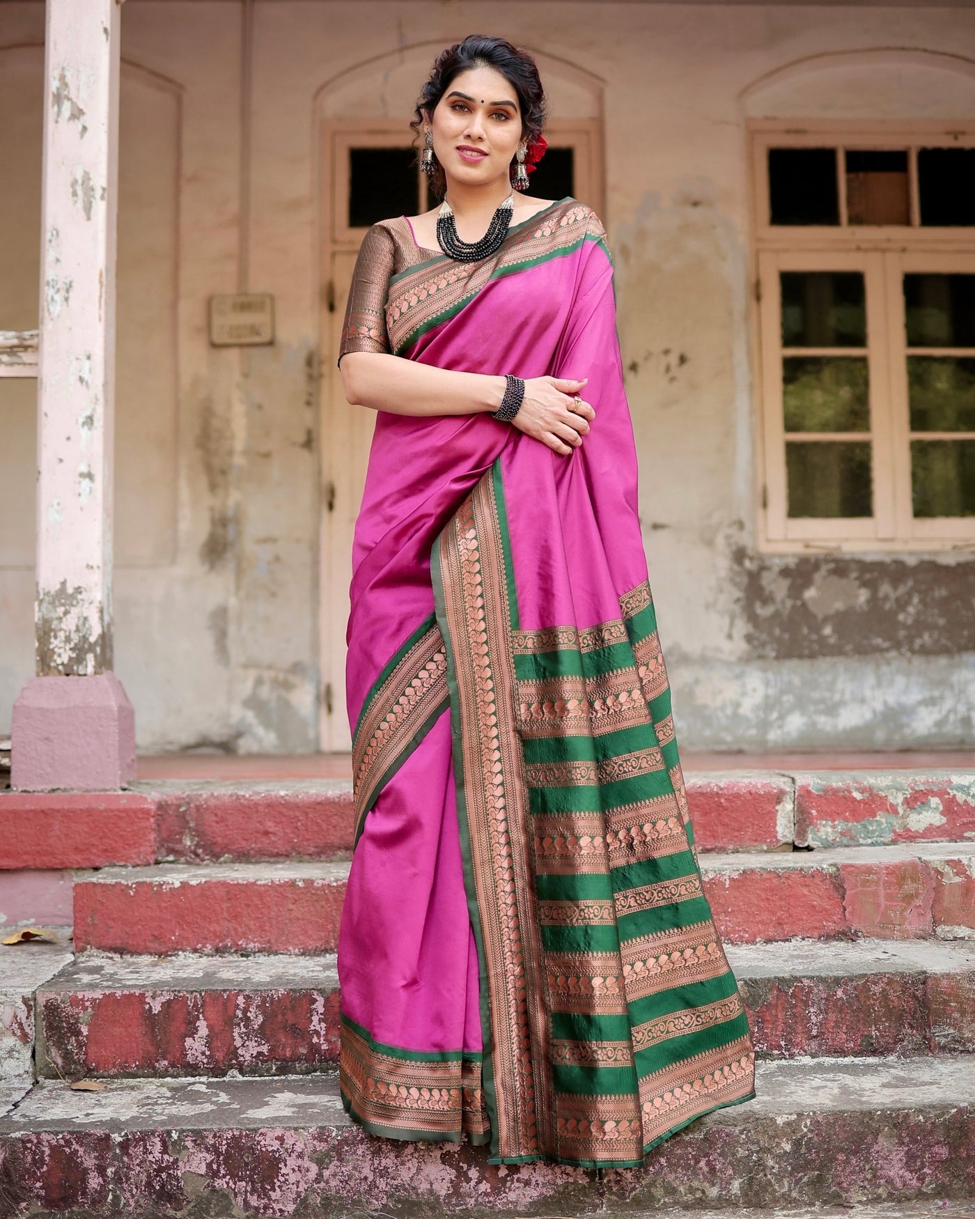 Pure Silk Saree Weaved With Zari Comes With Heavy Banarasi Brocade Blouse - Almaari Fashion