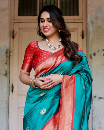 Pure Silk Saree Weaved With Zari Comes With Heavy Banarasi Brocade Blouse - Almaari Fashion