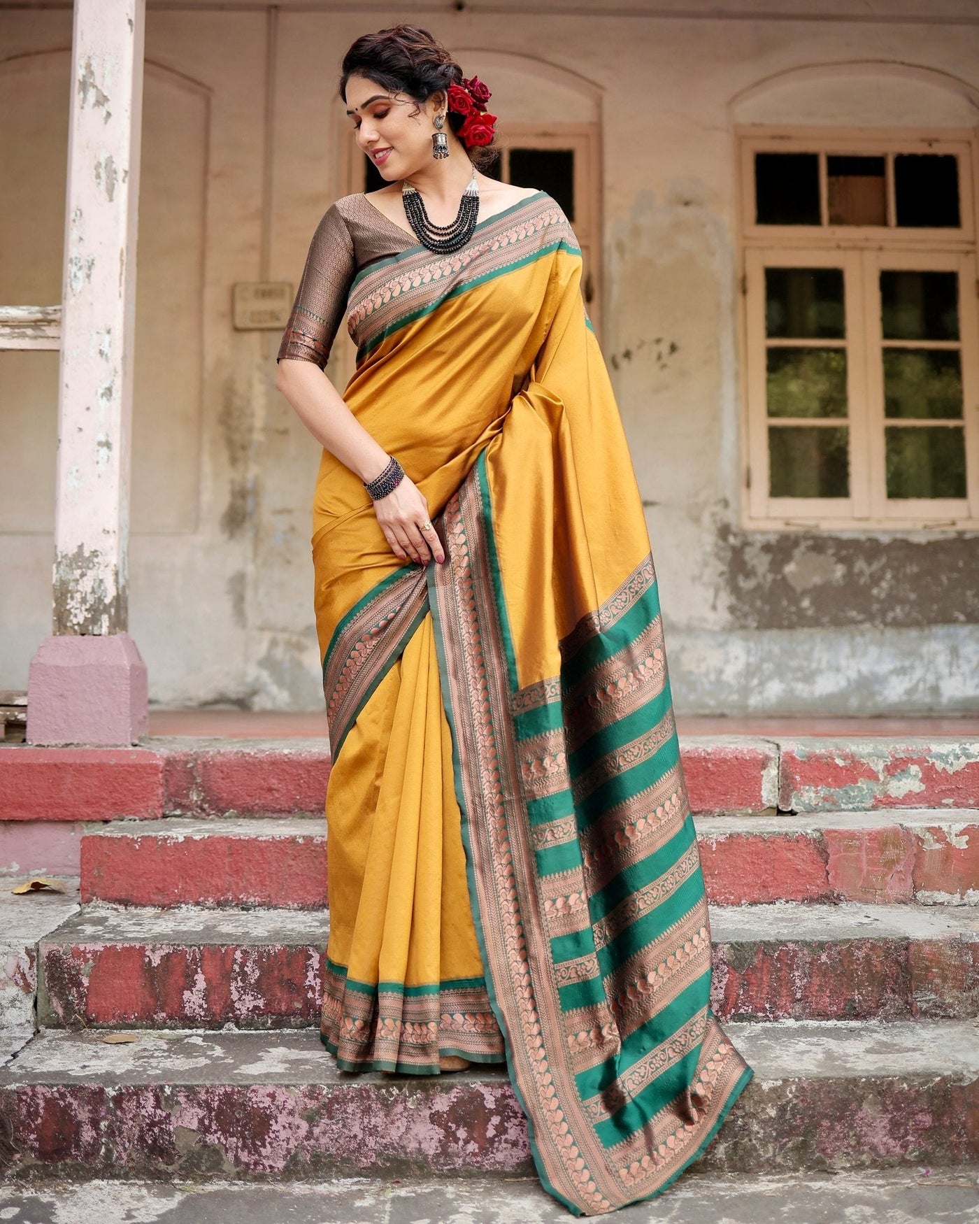 Pure Silk Saree Weaved With Zari Comes With Heavy Banarasi Brocade Blouse - Almaari Fashion