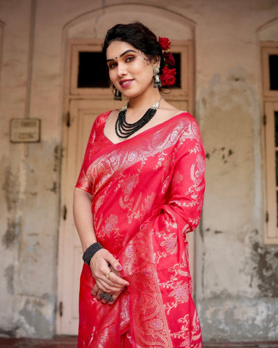 Pure Silk Saree Weaved With Zari Comes With Heavy Banarasi Brocade Blouse - Almaari Fashion