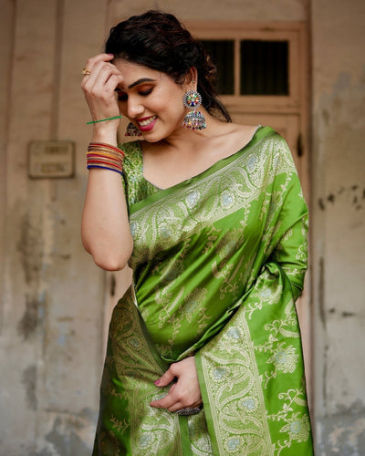 Pure Silk Saree Weaved With Zari Comes With Heavy Banarasi Brocade Blouse - Almaari Fashion