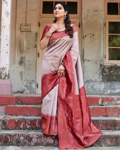 Pure Silk Saree Weaved With Zari Comes With Heavy Banarasi Brocade Blouse - Almaari Fashion