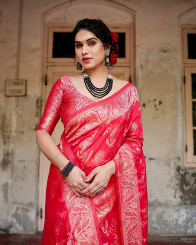 Pure Silk Saree Weaved With Zari Comes With Heavy Banarasi Brocade Blouse - Almaari Fashion