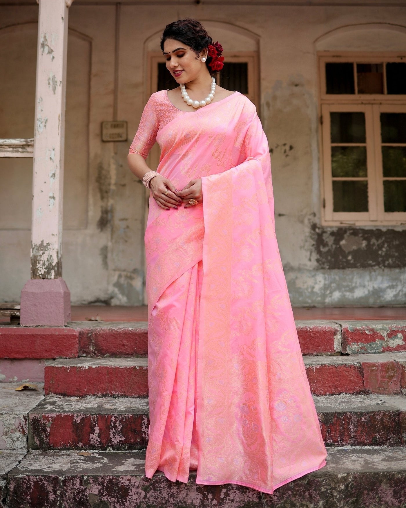 Pure Silk Saree Weaved With Zari Comes With Heavy Banarasi Brocade Blouse - Almaari Fashion