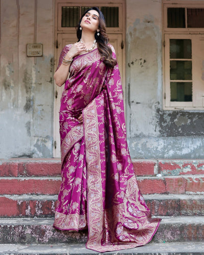 Pure Silk Saree Weaved With Zari Comes With Heavy Banarasi Brocade Blouse - Almaari Fashion