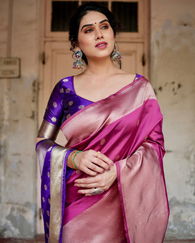 Pure Silk Saree Weaved With Zari Comes With Heavy Banarasi Brocade Blouse - Almaari Fashion