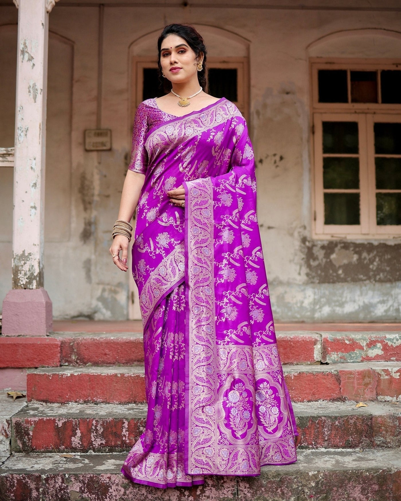 Pure Silk Saree Weaved With Zari Comes With Heavy Banarasi Brocade Blouse - Almaari Fashion