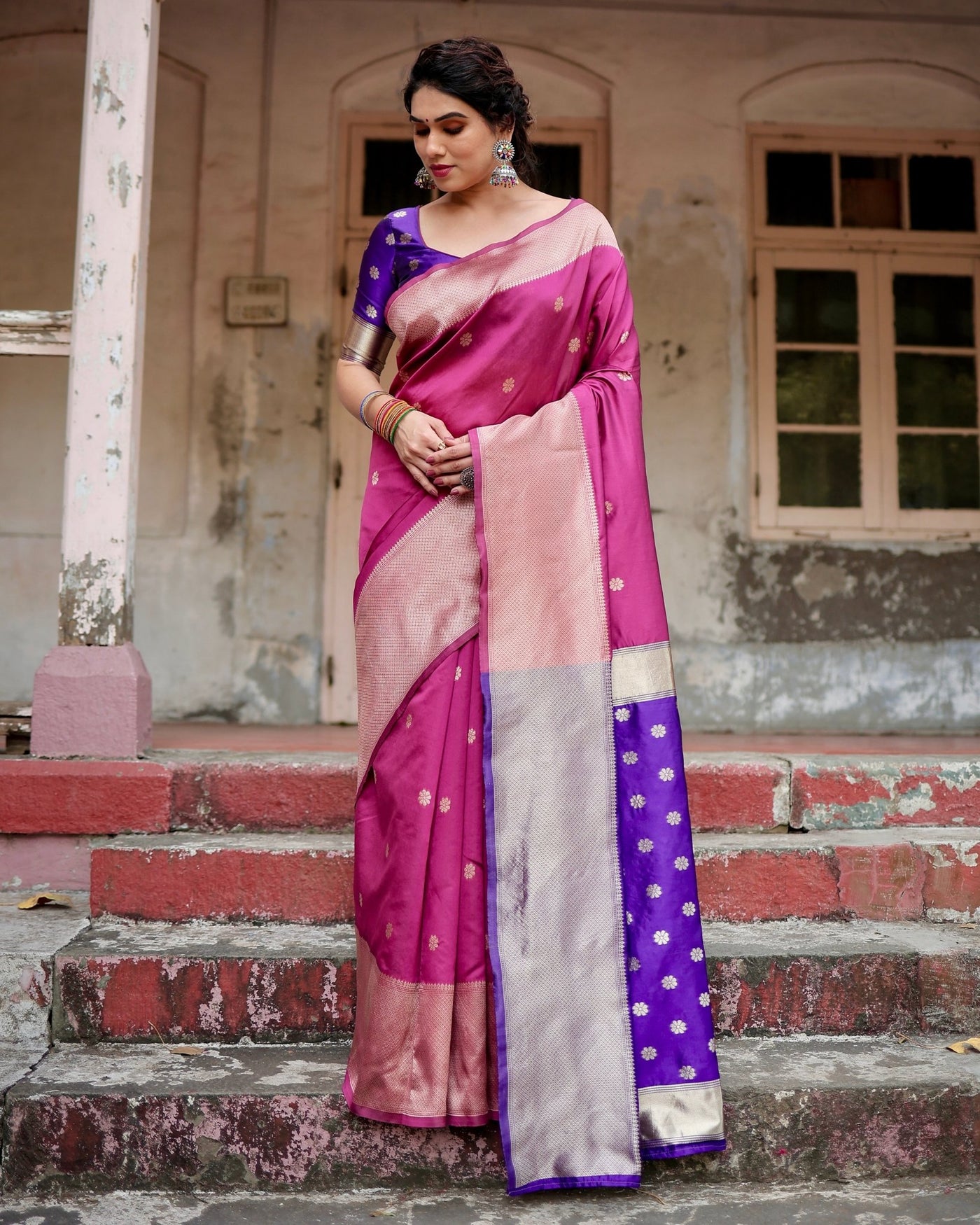 Pure Silk Saree Weaved With Zari Comes With Heavy Banarasi Brocade Blouse - Almaari Fashion