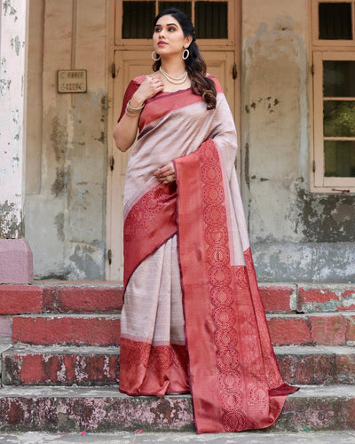 Pure Silk Saree Weaved With Zari Comes With Heavy Banarasi Brocade Blouse - Almaari Fashion