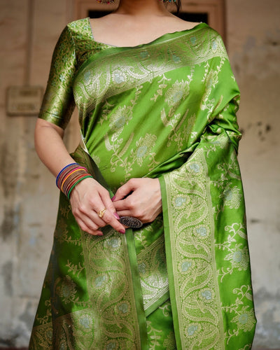 Pure Silk Saree Weaved With Zari Comes With Heavy Banarasi Brocade Blouse - Almaari Fashion