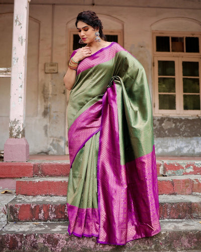 Pure Silk Saree Weaved With Zari Comes With Heavy Banarasi Brocade Blouse - Almaari Fashion