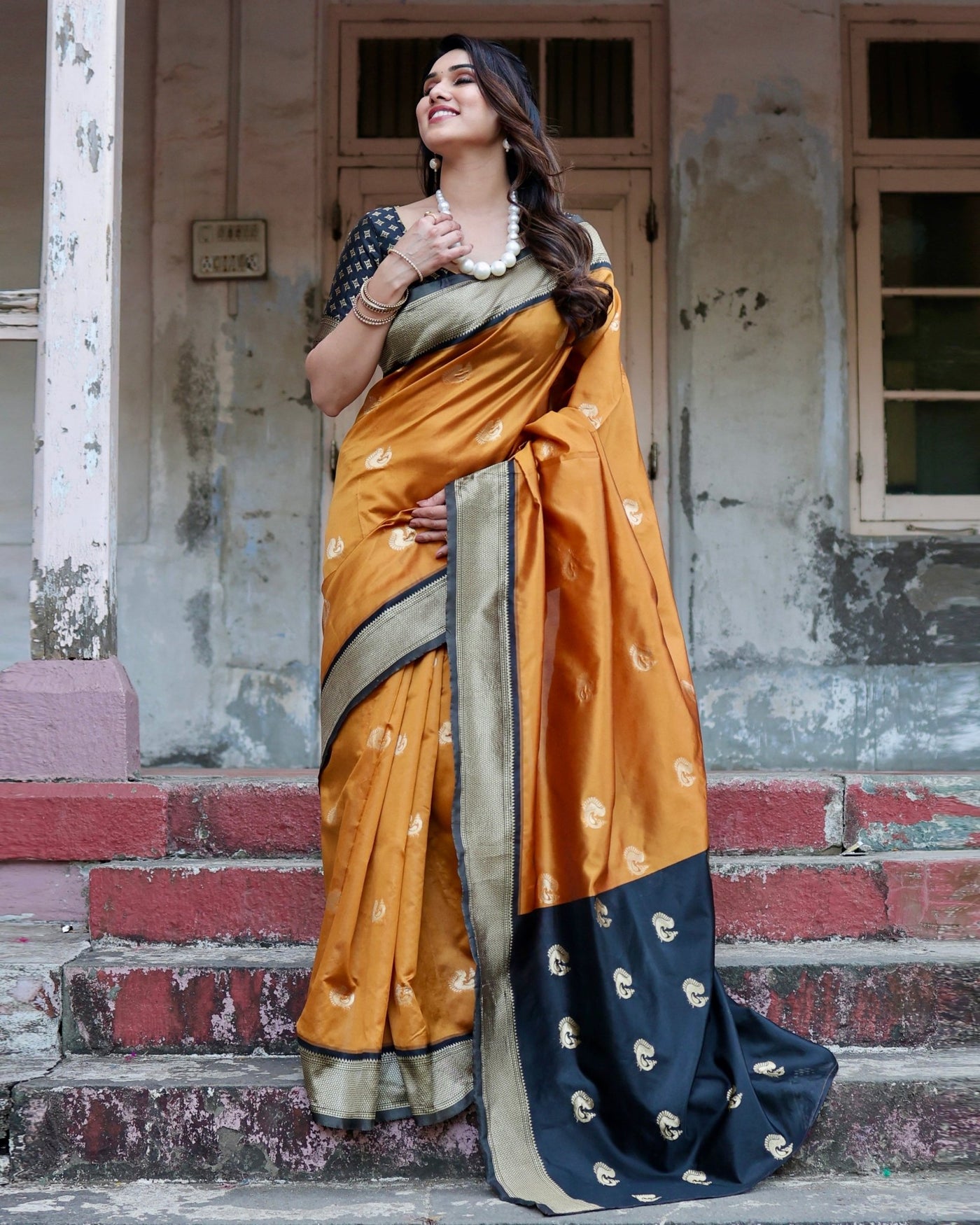 Pure Silk Saree Weaved With Zari Comes With Heavy Banarasi Brocade Blouse - Almaari Fashion