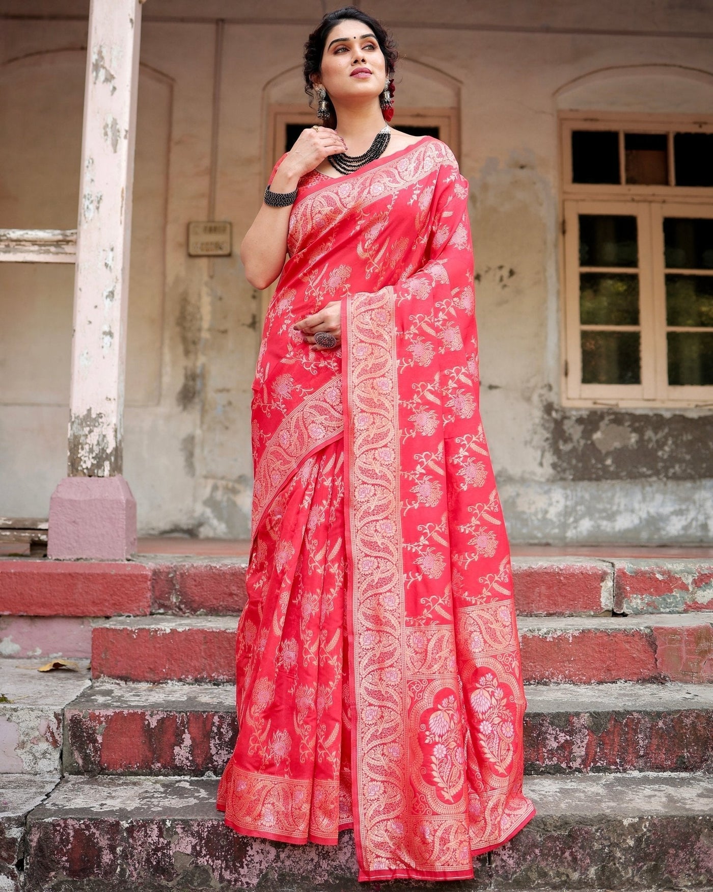 Pure Silk Saree Weaved With Zari Comes With Heavy Banarasi Brocade Blouse - Almaari Fashion