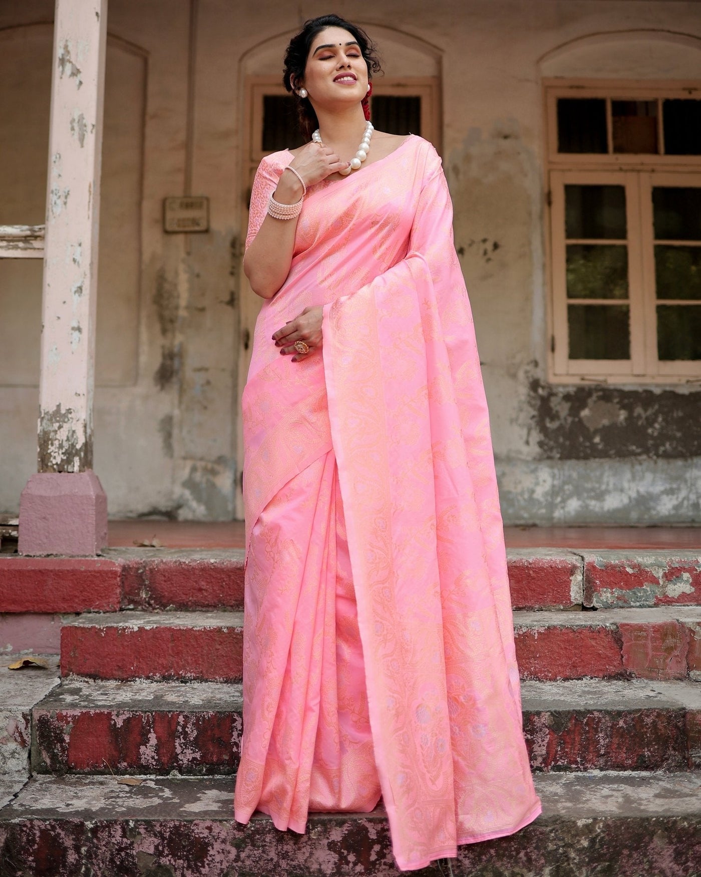 Pure Silk Saree Weaved With Zari Comes With Heavy Banarasi Brocade Blouse - Almaari Fashion