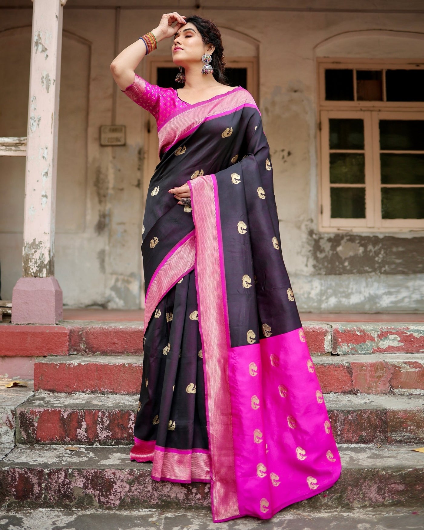 Pure Silk Saree Weaved With Zari Comes With Heavy Banarasi Brocade Blouse - Almaari Fashion