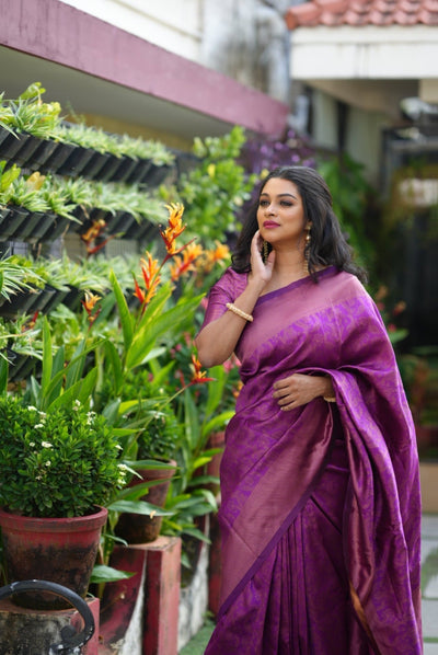 Purple Pure Banarasi Silk Saree Stylish Blouse Piece - Almaari Fashion