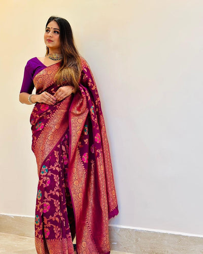 Purple Pure Banarasi Silk Saree With Attractive Blouse Piece - Almaari Fashion