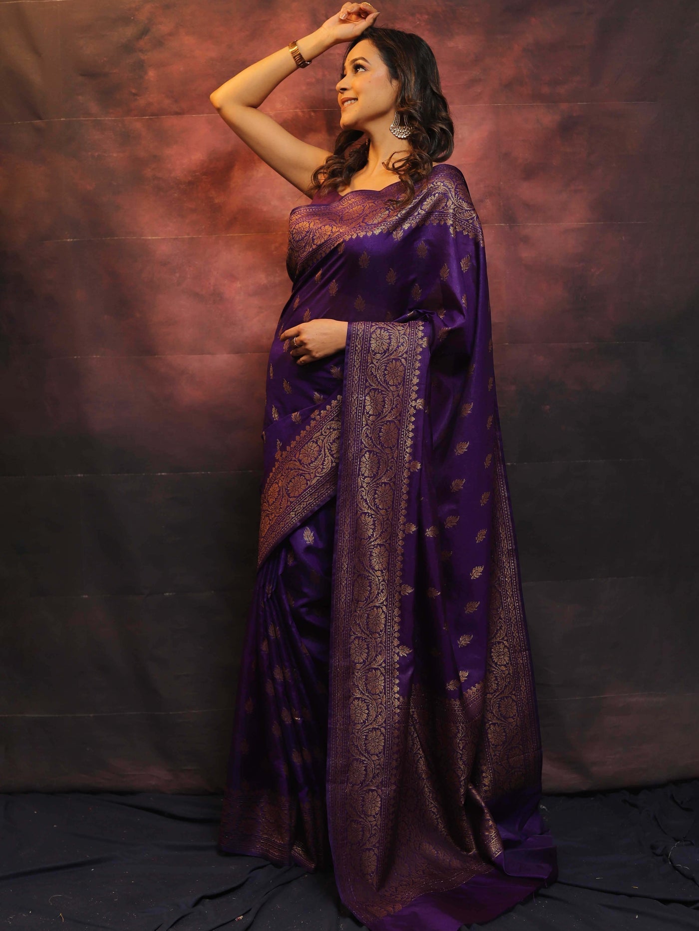 Purple Pure Banarasi Silk Weaved With Copper Zari Comes With Heavy Banarasi Brocade Blouse - Almaari Fashion