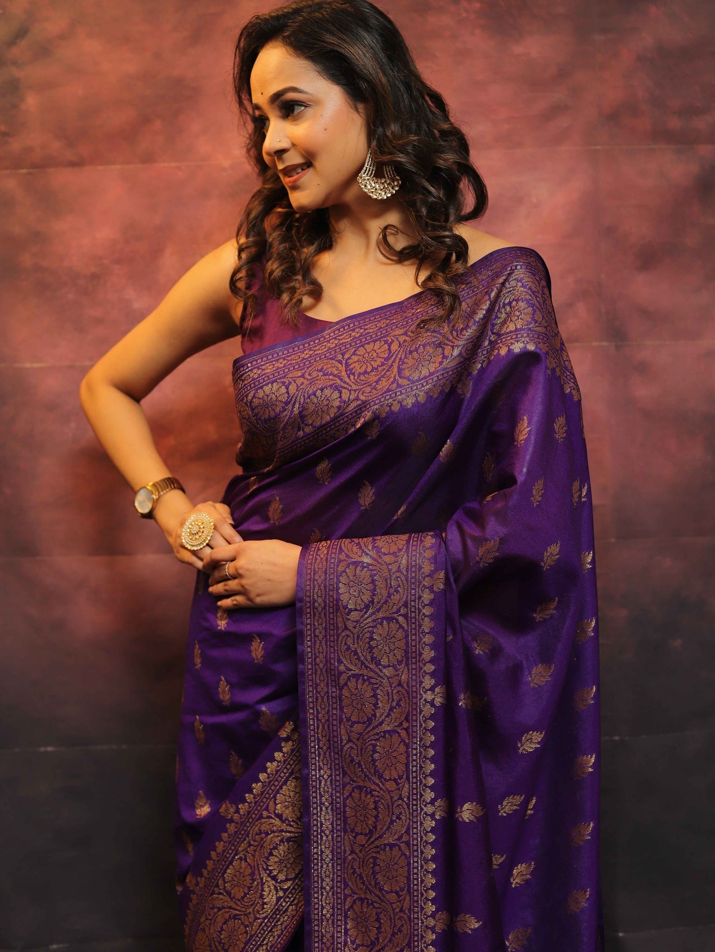 Purple Pure Banarasi Silk Weaved With Copper Zari Comes With Heavy Banarasi Brocade Blouse - Almaari Fashion
