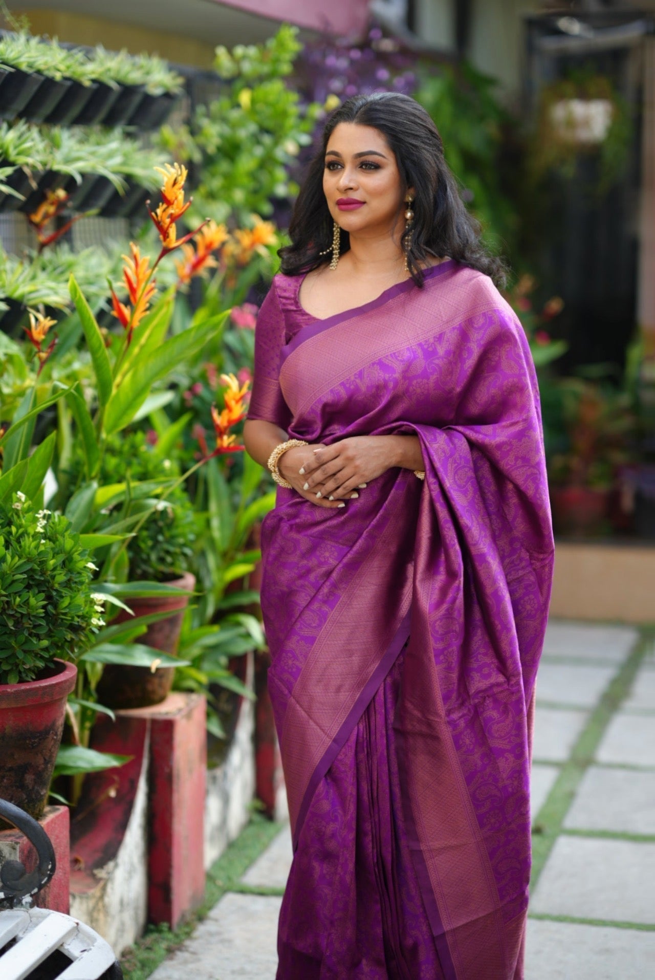 Purple Pure Kanjivaram Silk Saree Stylish Blouse Piece - Almaari Fashion