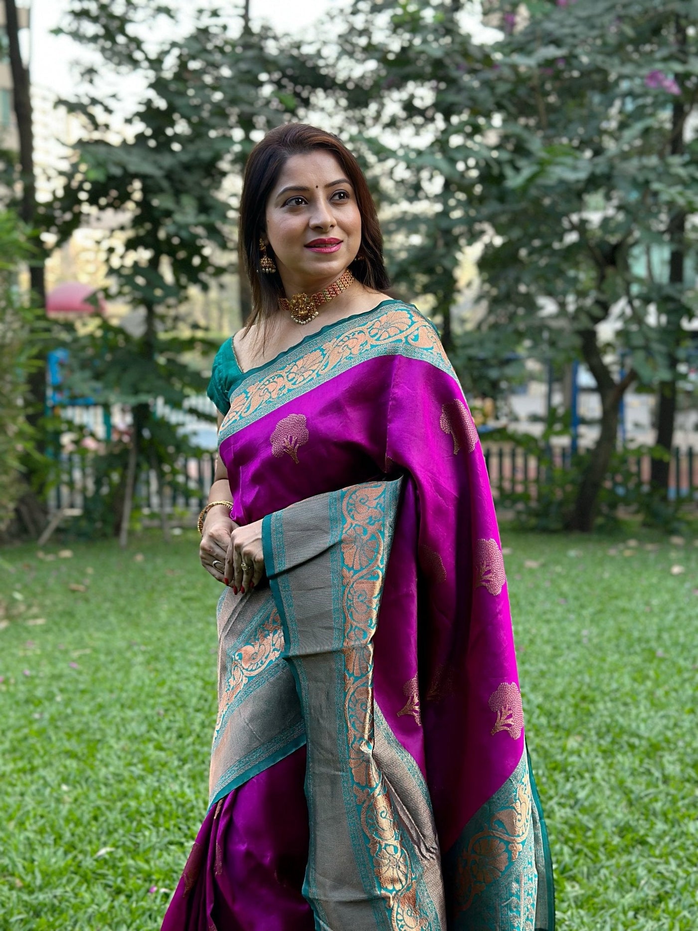 Purple Pure Kanjivaram Silk Saree Stylish Blouse Piece - Almaari Fashion