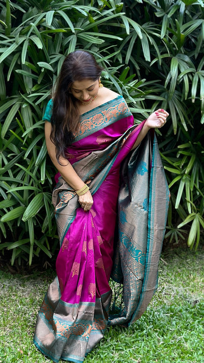 Purple Pure Kanjivaram Silk Saree Stylish Blouse Piece - Almaari Fashion