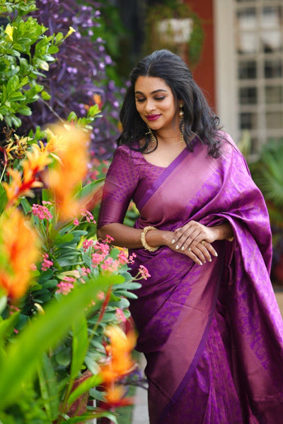 Purple Pure Kanjivaram Silk Saree Stylish Blouse Piece - Almaari Fashion