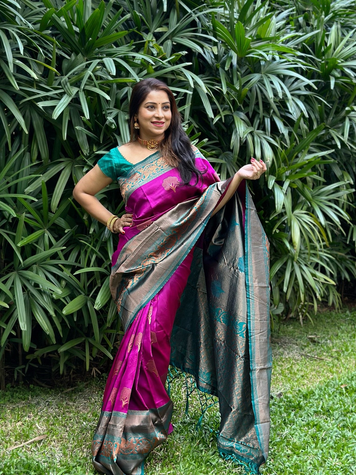 Purple Pure Kanjivaram Silk Saree Stylish Blouse Piece - Almaari Fashion