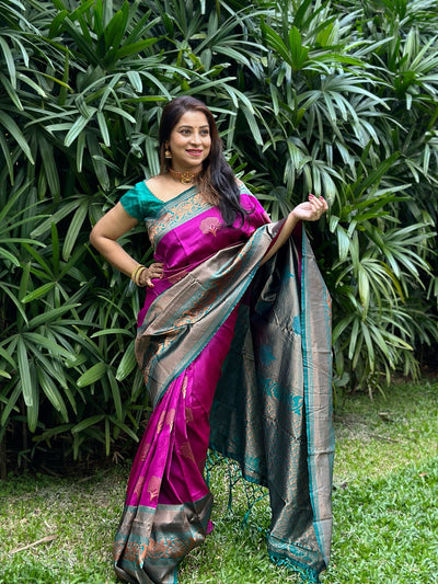 Purple Pure Kanjivaram Silk Saree Stylish Blouse Piece - Almaari Fashion