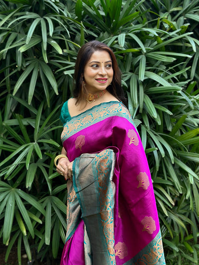 Purple Pure Kanjivaram Silk Saree Stylish Blouse Piece - Almaari Fashion