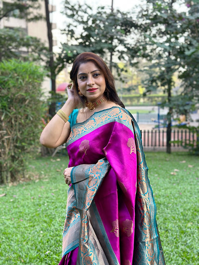 Purple Pure Kanjivaram Silk Saree Stylish Blouse Piece - Almaari Fashion