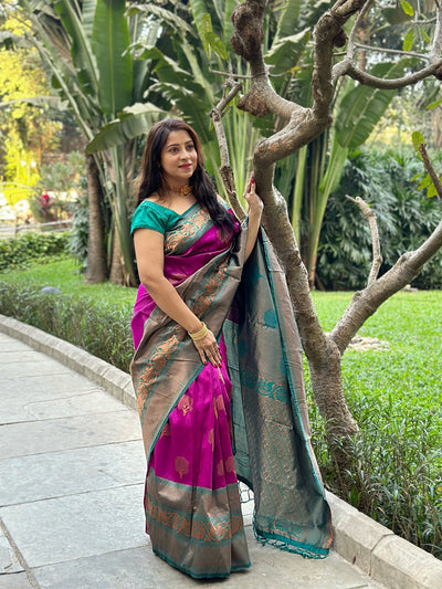 Purple Pure Kanjivaram Silk Saree Stylish Blouse Piece - Almaari Fashion