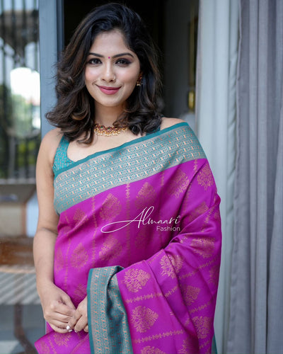 Purple Pure Kanjivaram Silk Saree Weaved With Copper Zari With Imbrication Blouse Piece - Almaari Fashion