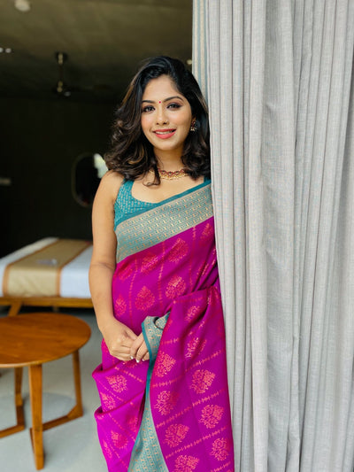 Purple Pure Kanjivaram Silk Saree Weaved With Copper Zari With Imbrication Blouse Piece - Almaari Fashion