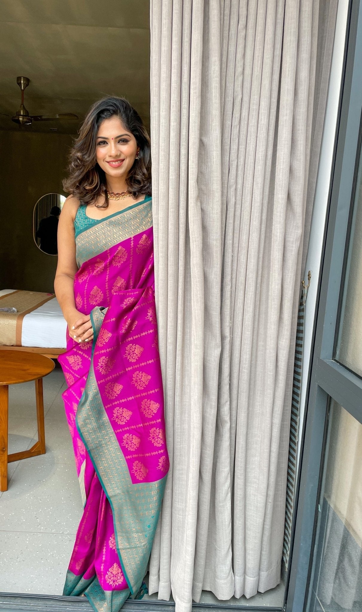 Purple Pure Kanjivaram Silk Saree Weaved With Copper Zari With Imbrication Blouse Piece - Almaari Fashion