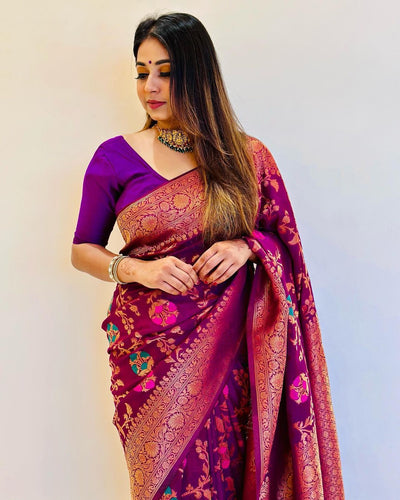 Purple Pure Kanjivaram Silk Saree With Attractive Blouse Piece - Almaari Fashion